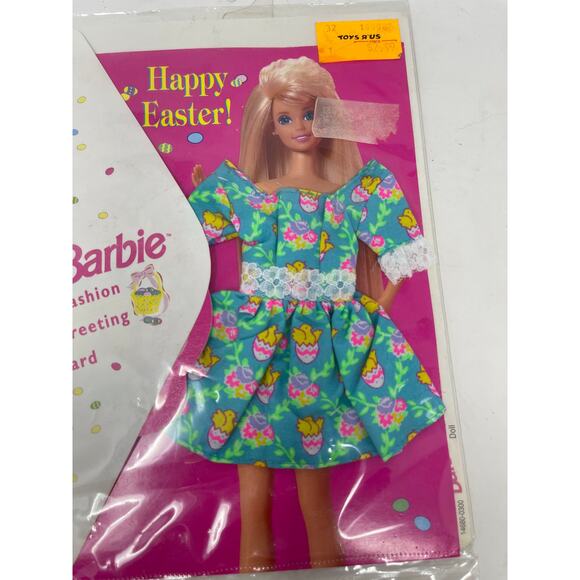 Vintage 1995 Barbie HAPPY EASTER Fashion Outfit Greeting Card Green Chick Dress - Picture 3 of 5